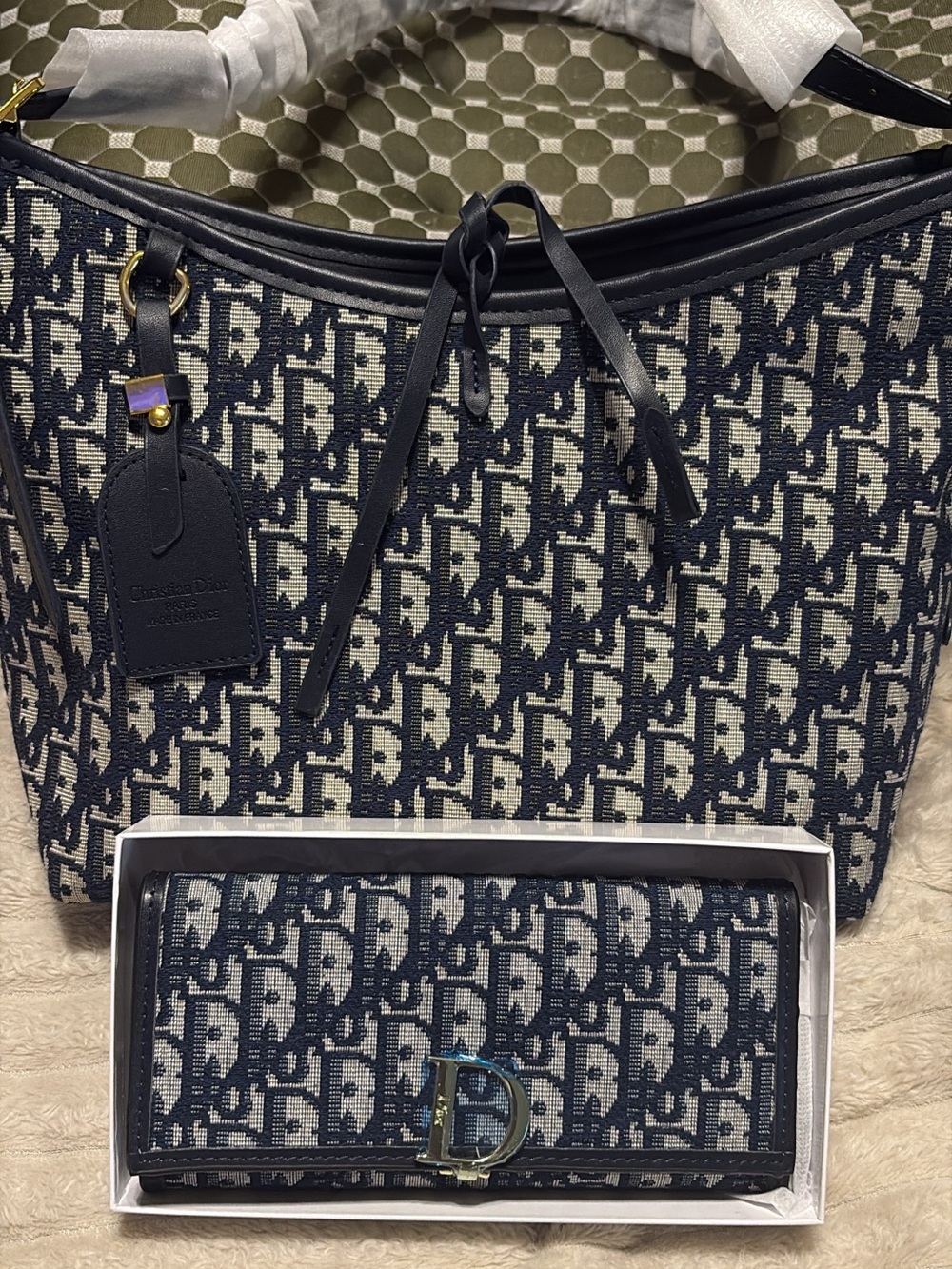 Dior Navy & Ivory Oblique Tote with Matching Wallet Set